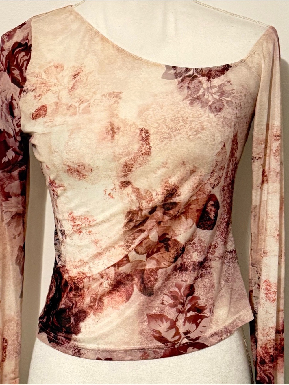 White Fox Floral Mesh Long Sleeve Top Pink Burgundy Size Medium
